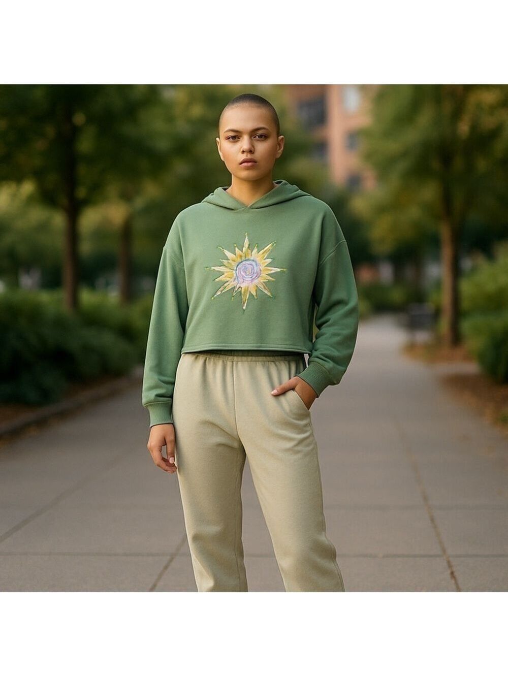 SHEIN Women’s Cropped Graphic Hoodie Green Size Small